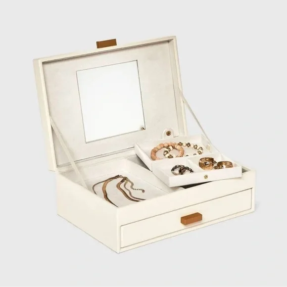 a new day Two Drawer Organizer Jewelry Box Storage Tray Mirror Cream & Brown - Picture 2 of 8